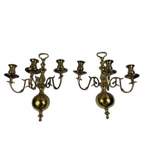 Vintage Brass 3 Arm Candle Wall Sconce Candlestick Holders Pair Of Two 12” Deco